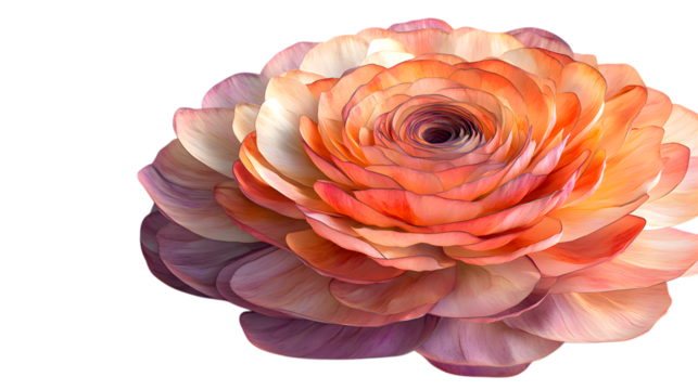 Closeup of a vibrant ranunculus flower with layered petals in shades of peach and lavender hues on transparent background