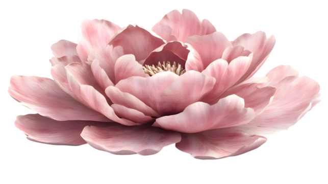 Elegant pink peony blossom with delicate petals closeup view on transparent background