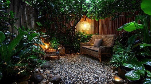 Tranquil garden retreat at night