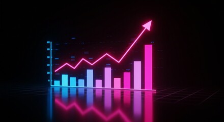 Neon graph showing upward trend with columns and arrow against black background reflecting on grid floor. Glowing bar graph.