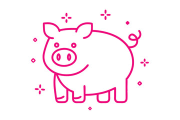 Pink cartoon outline shows an adorable pig with curly tail and sparkle accents
