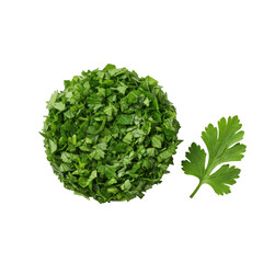 Obraz premium Vibrant green, freshly chopped parsley and cilantro in a perfect mound with a single crisp parsley leaf, isolated on a clean transparent background, top-down macro, shadowless, concept of fresh