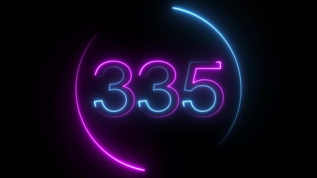 A dynamic circular animation, and glowing neon number 335 animation . on a black background. and creating a stunning video.4k video