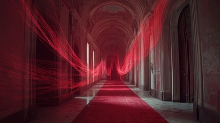 Red Corridor - Ethereal Light and Architectural Grandeur in a Hallway.