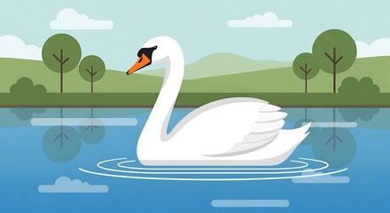 Obraz premium Swan swimming serene lake landscape. (1)