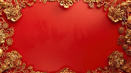 Ornate Golden Floral Frame on Red Background for Elegant Design