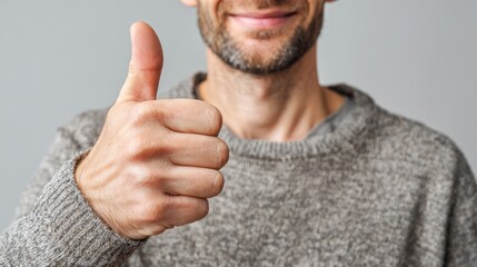 Close-up of a man's hand giving a thumbs-up gesture, showcasing a positive affirmation against a neutral gray backdrop.