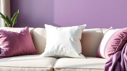 Minimalist cushion mockup with neutral purple and white pillows on cozy sofa, modern home decor style with natural daylight.