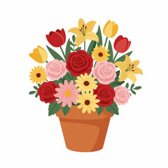 Cheerful floral arrangement with roses, tulips, and lilies in a terracotta pot