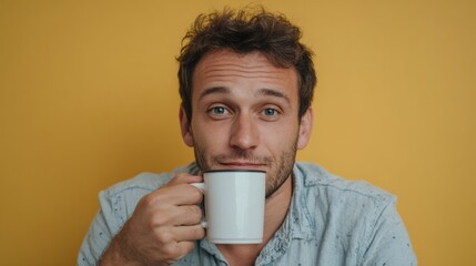 A man holding a white mug against a vivid yellow background, smiling and enjoying his beverage.
