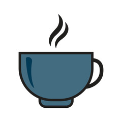 Simple vector illustration of a steaming blue coffee cup on a white background.