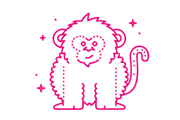 Pink doodle style monkey illustration is smiling sweetly on a white background