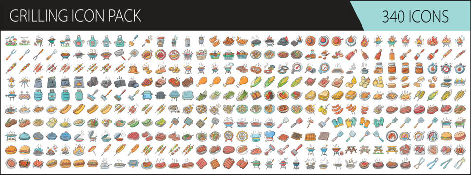 Grilling and barbecue food colorful icon pack - Large set of 340 colorful vector icons related to grilling and barbecue, featuring meats, vegetables, skewers, sauces, utensils, and grills.