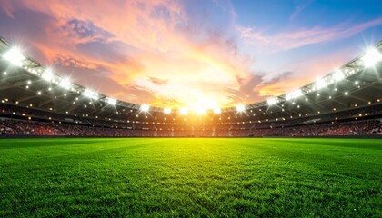 sunset stadium filled with spectators and illuminated green field under vibrant sky
