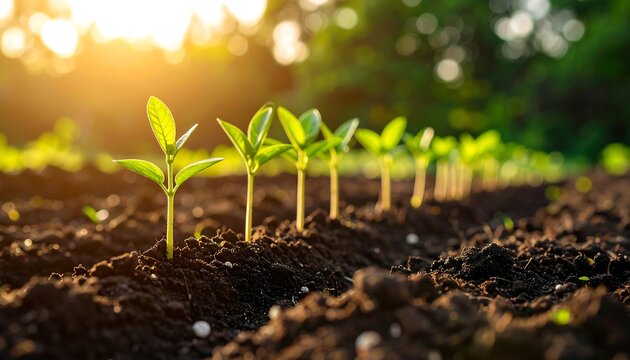 Young plants sprout from dark soil at sunset (1) - Powered by Adobe