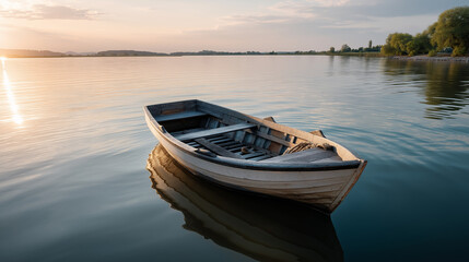 Naklejka premium A boat floats at sunrise, the peaceful scene illuminated by gentle sunlight. Boat, sunrise, with copy space