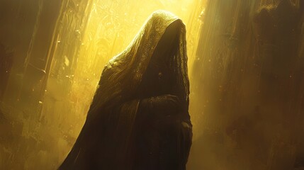 Mysterious hooded figure silhouetted in a golden light.