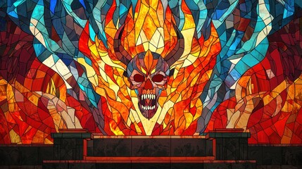 Fiery Skull Stained Glass Art Depicting Flames and Inferno.
