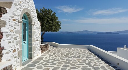 Fototapeta premium Scenic Greek Isle View: A traditional building with a blue door overlooks the Aegean Sea from a paved terrace, clear skies above.