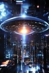 Transparent UFO hovering futuristic city night, mysterious interior glow, sci-fi banner poster, urban skyline, neon lights, digital art, viral concept, wallpaper, business, technology.