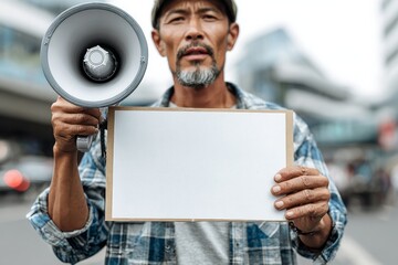 A man holds a megaphone and blank placard in a protest setting, showcasing a serious, yet peaceful demonstration.