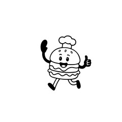 Cute Burger Chef Cartoon Outline Transparent. Black outline cartoon burger character with chef hat, all white areas transparent. Perfect for stickers, coloring pages, and food icon designs