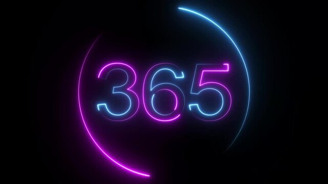 A dynamic circular animation, and glowing neon number 365 animation . on a black background. and creating a stunning video.4k video