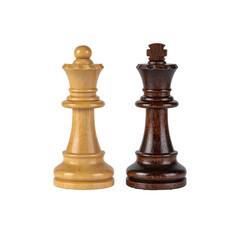  Dark and light wooden chess pieces isolated on white background
