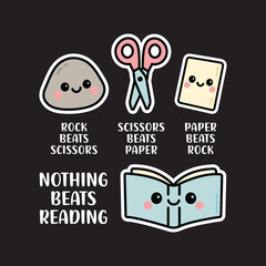 Cute Rock Paper Scissors Book Illustration with Funny Quote Nothing Beats Reading &ndash; Kawaii Cartoon Design for Education, School, Literacy, and Book Lovers