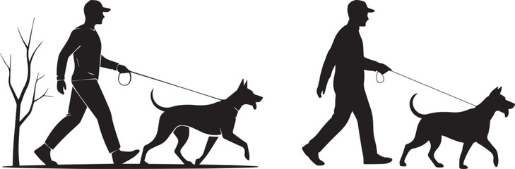 Dog Walking Silhouette Set Featuring Two Human Figures with Dogs in Motion and Calm Poses Near Tree and Open Space