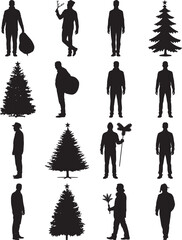 Christmas Silhouette Grid Featuring Human Figures with Holiday Accessories and Stylized Christmas Trees in Black and White