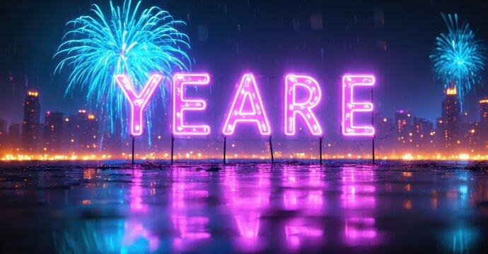 Neon sign spells YEARE over water. Fireworks illuminate night cityscape. Reflections visible, creating vibrant scene.