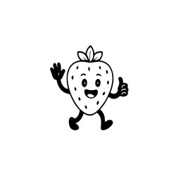 Cute Strawberry Cartoon Outline Transparent. Black outline strawberry character with smiling face, transparent fill. Perfect for fruit stickers, coloring pages, and healt