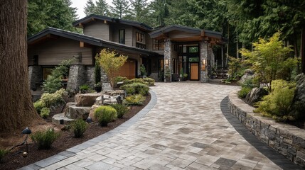 Obraz premium Luxury Home Exterior with Landscaped Driveway and Lush Forest Backdrop, Architecture Design