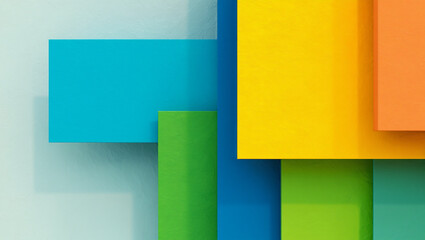 This vibrant abstract image features overlapping geometric shapes in a variety of bright, bold colors, creating a dynamic and modern aesthetic.