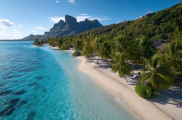 Obraz premium Tropical Paradise: Aerial View of White Sand Beach, Turquoise Water and Palm Trees on a Sunny Day