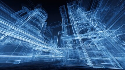 Naklejka premium Futuristic Architectural Blueprint Visualization: Modern Cityscape Design with Abstract Lines and Blue Tones