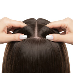 Fototapeta premium Close-up of a Woman's Hairline and Hands isolated on Transparent Background promoting Hair