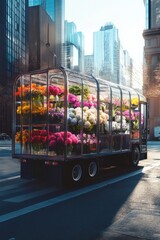 Obraz premium Vertical, city delivery truck, fully transparent cargo section, single type luxury flowers, creative setting, flower delivery service concept, premium logistics, branding, shop, floral transport.