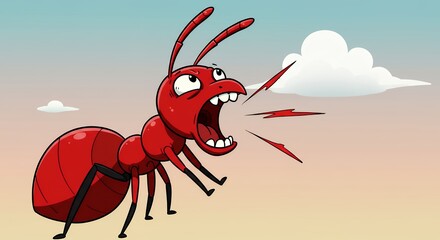 Cartoon red ant yelling against a blue sky and white cloud