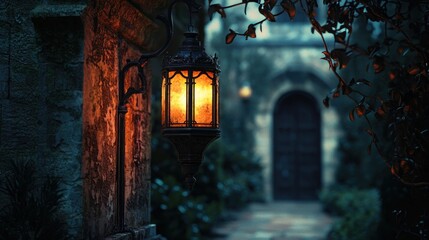 A solitary lanterns warm glow illuminates a misty, mysterious path to an ancient arched doorway.