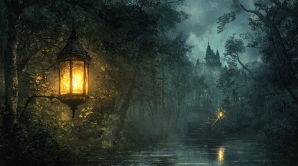 Mysterious Lantern Illuminates Enchanted Forest Path Beside a Dark River.