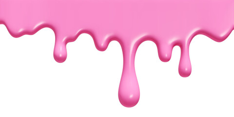 Pink ice cream melt with glossy drips and smooth texture for dessert designs or summer graphics. Liquid flows down in curved streams on white bg. Sweet decoration for packaging and advertisements.