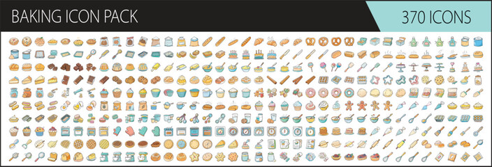 Baking and pastry food colorful vector icon pack - Large set of 370 colorful vector icons related to baking, including bread, cakes, cookies, pastries, ingredients, utensils, and kitchen tools.