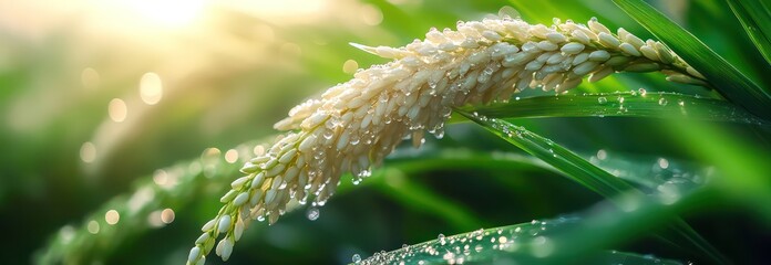 Naklejka premium Blooming Rice Flower with Dewdrops