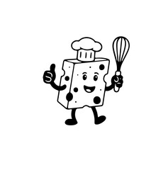 Cute Cheese Cartoon Chef with Whisk Outline Transparent. Black outline cheese character with chef hat holding whisk, transparent fill. Fun design for food art, stickers, and coloring books