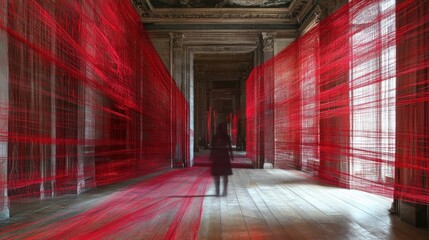 Artistic Installation of Red Threads in a Grand Hallway.