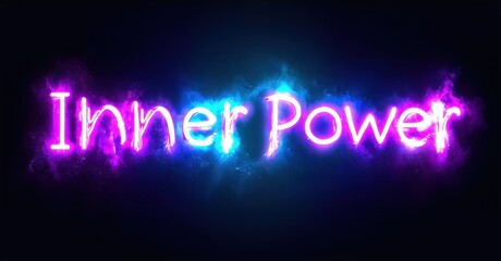 Bright neon text displays Inner Power against dark blue background. Vivid purple, blue hues create glowing effect. Inspiring message.