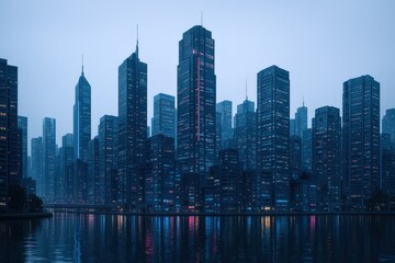 Obraz premium Dramatic Cityscape at Dusk Reflecting in Calm Waters, Showcasing Urban Architecture and Modern Design