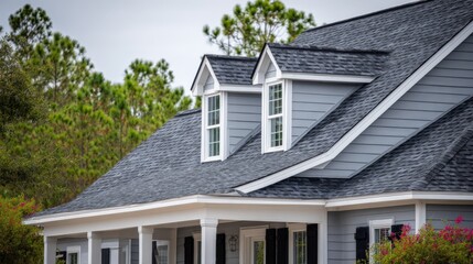 Residential Home Exterior with Gray Siding, Dark Shingle Roof, and Dormer Windows on a Cloudy Day